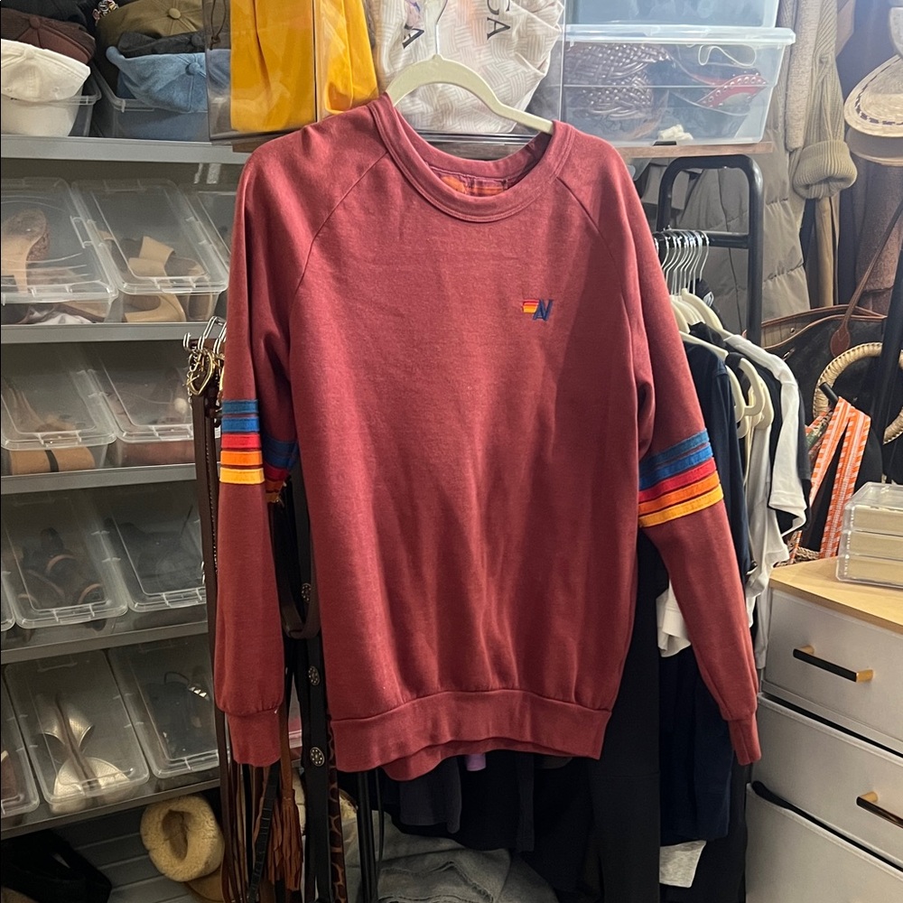 Aviator Nation Maroon Crewneck Sweater with Colorful Stripes